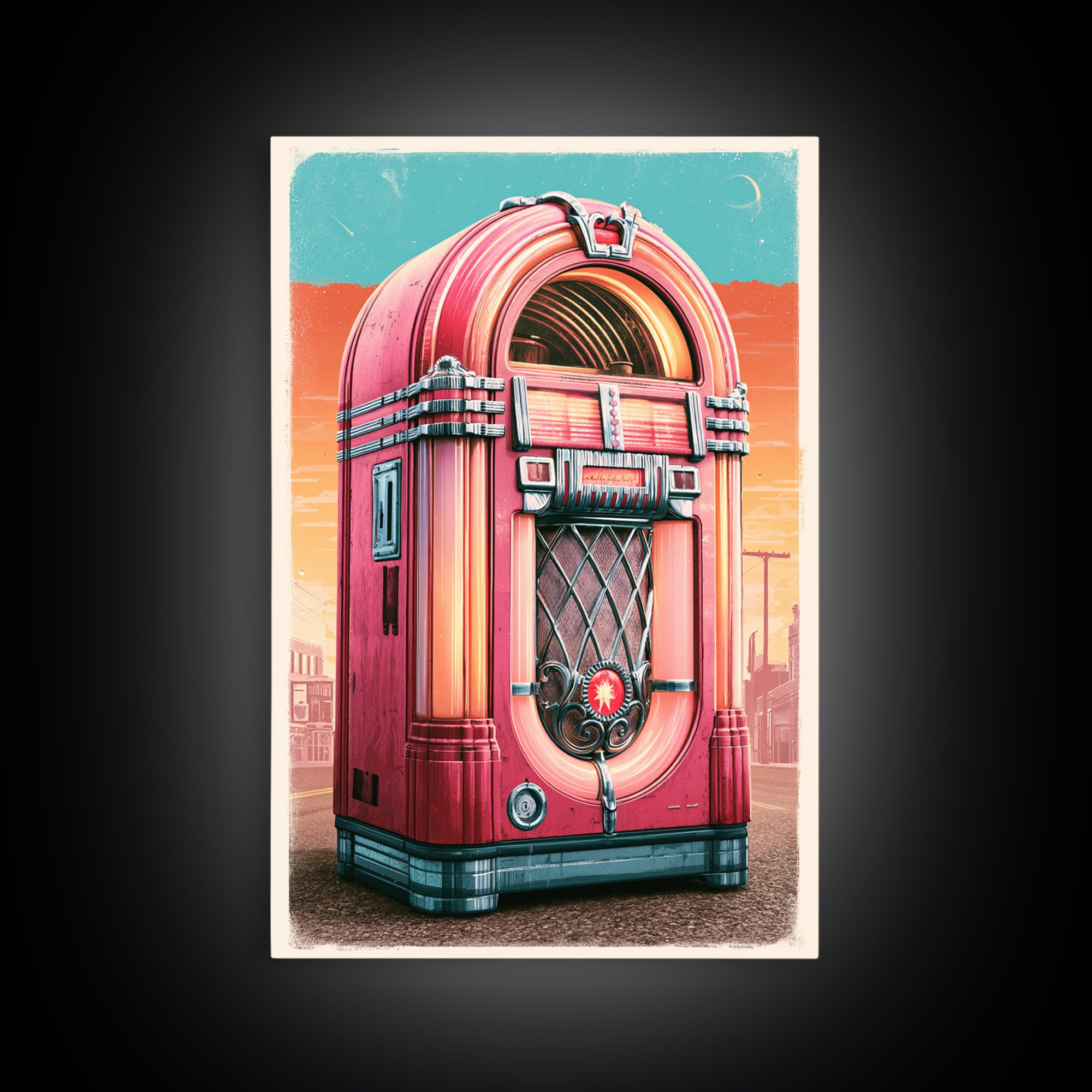 Jukebox Glowing in Red and Chrome Framed Canvas Print, Retro Art, Art Nouveau, Living Room Decor, Retro, Bedroom Wall Art, RET-2x3-28