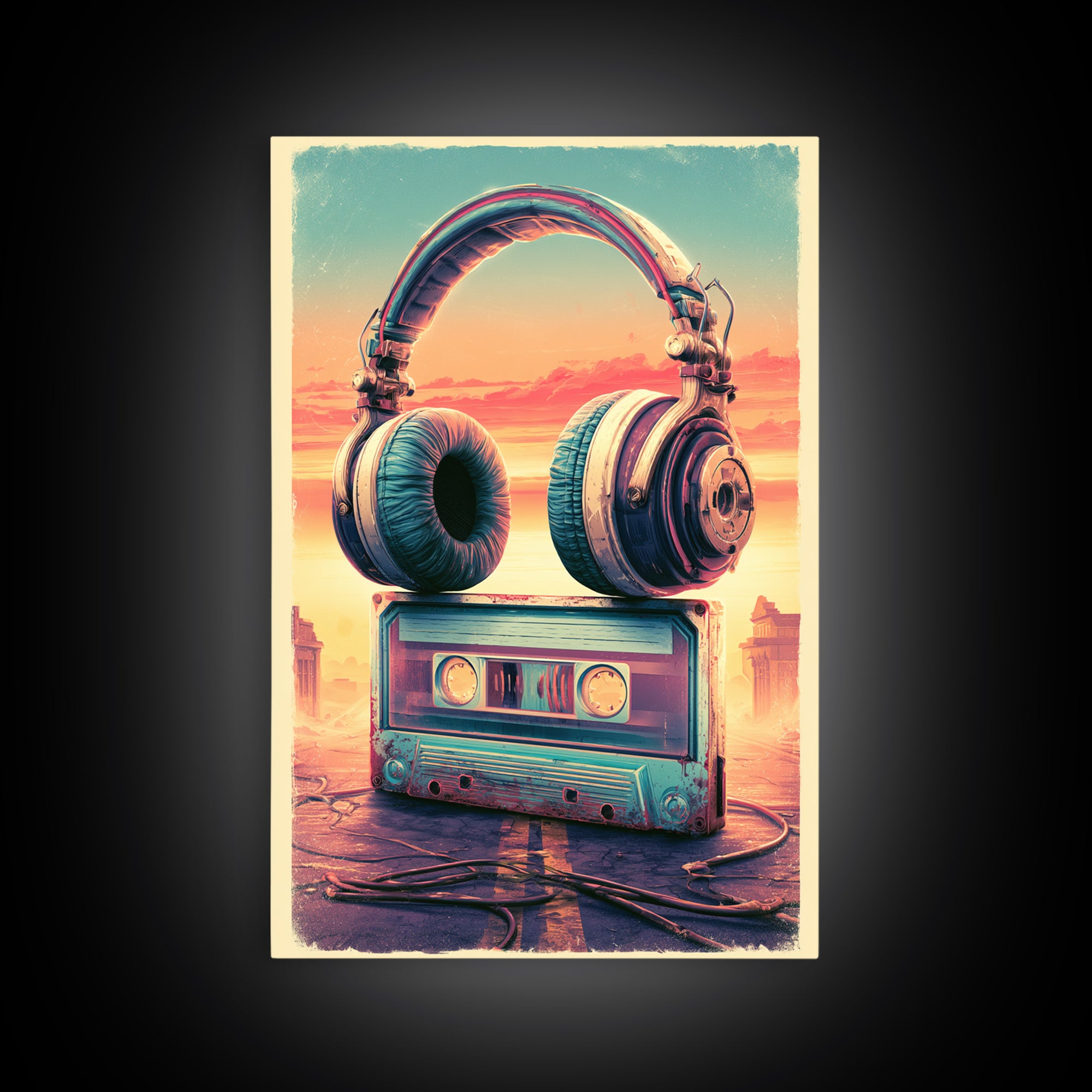 Cassette Tape and Headphones Graphic Framed Canvas Print, Retro Art, Wall Art, Living Room Decor, Fine Art, Retro, Original Art, RET-2x3-38