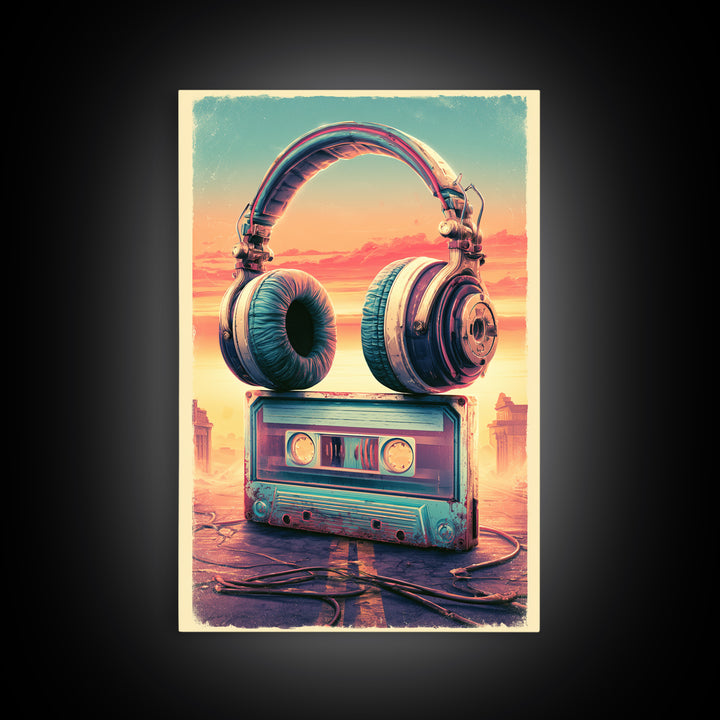 Cassette Tape and Headphones Graphic Framed Canvas Print, Retro Art, Wall Art, Living Room Decor, Fine Art, Retro, Original Art, RET-2x3-38