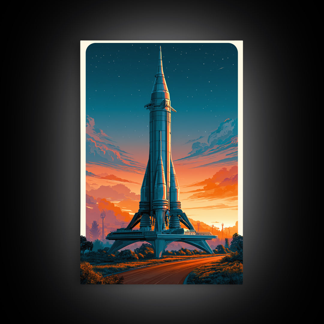 Space Age Rocket Poster Scene Framed Canvas Print, Retro Art, Posters, Living Room Decor, Fine Art, Retro, Printable Art, RET-2x3-63
