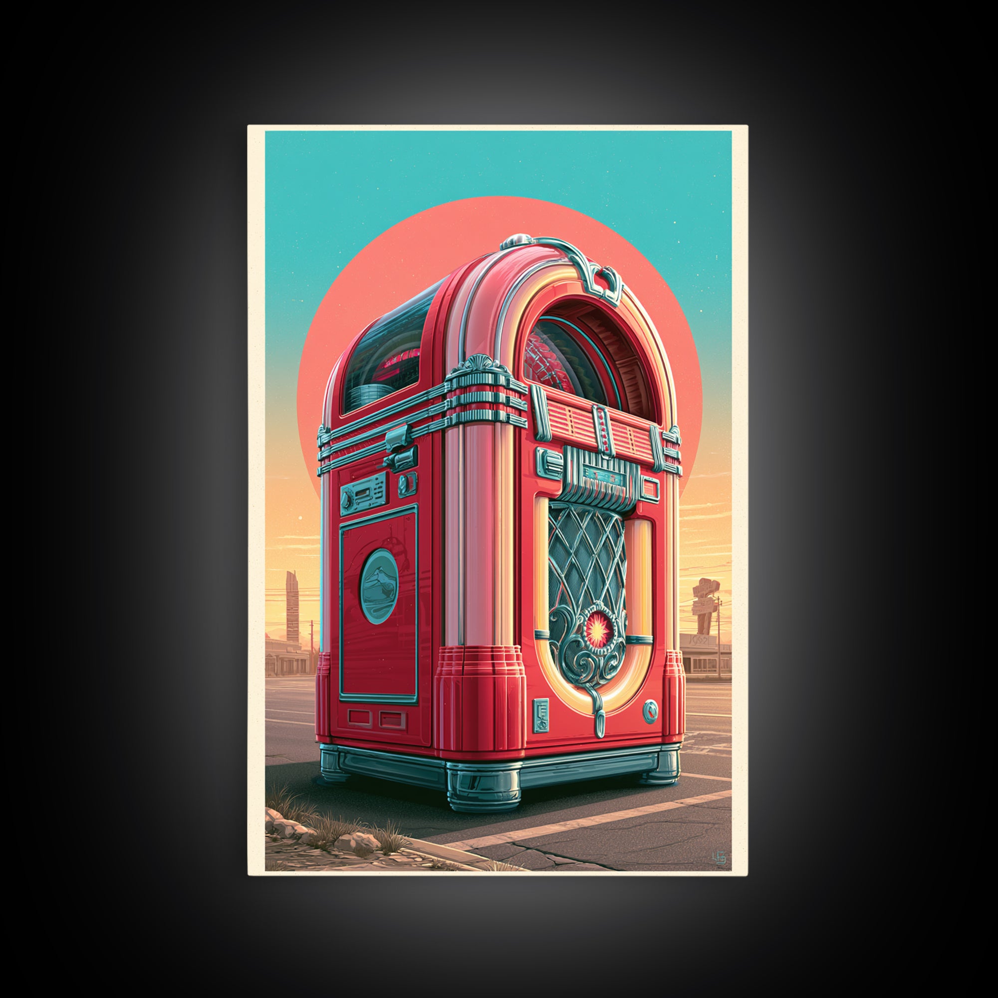 Jukebox Glowing in Red and Chrome Framed Canvas Print, Retro Art, Apartment Decor, Living Room Decor, Fine Art, Retro, RET-2x3-76