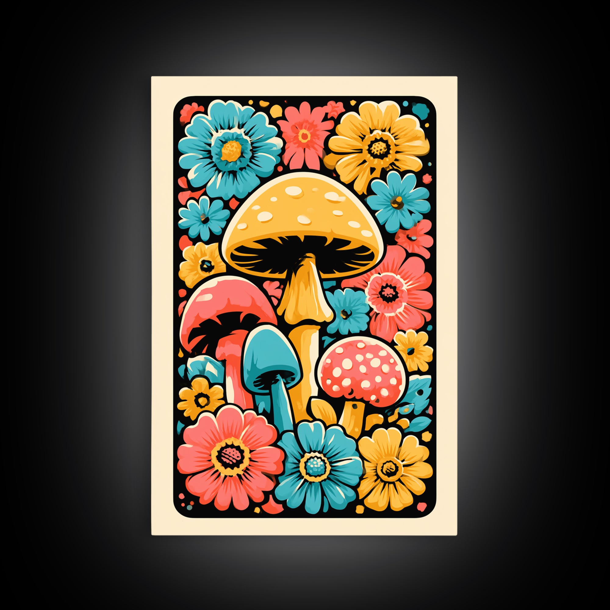 Funky Mushroom and Flower Pattern Canvas Print, Retro Art, Poster, Living Room Decor, Watercolor Art, Retro, Abstract Art, RET-2x3-79