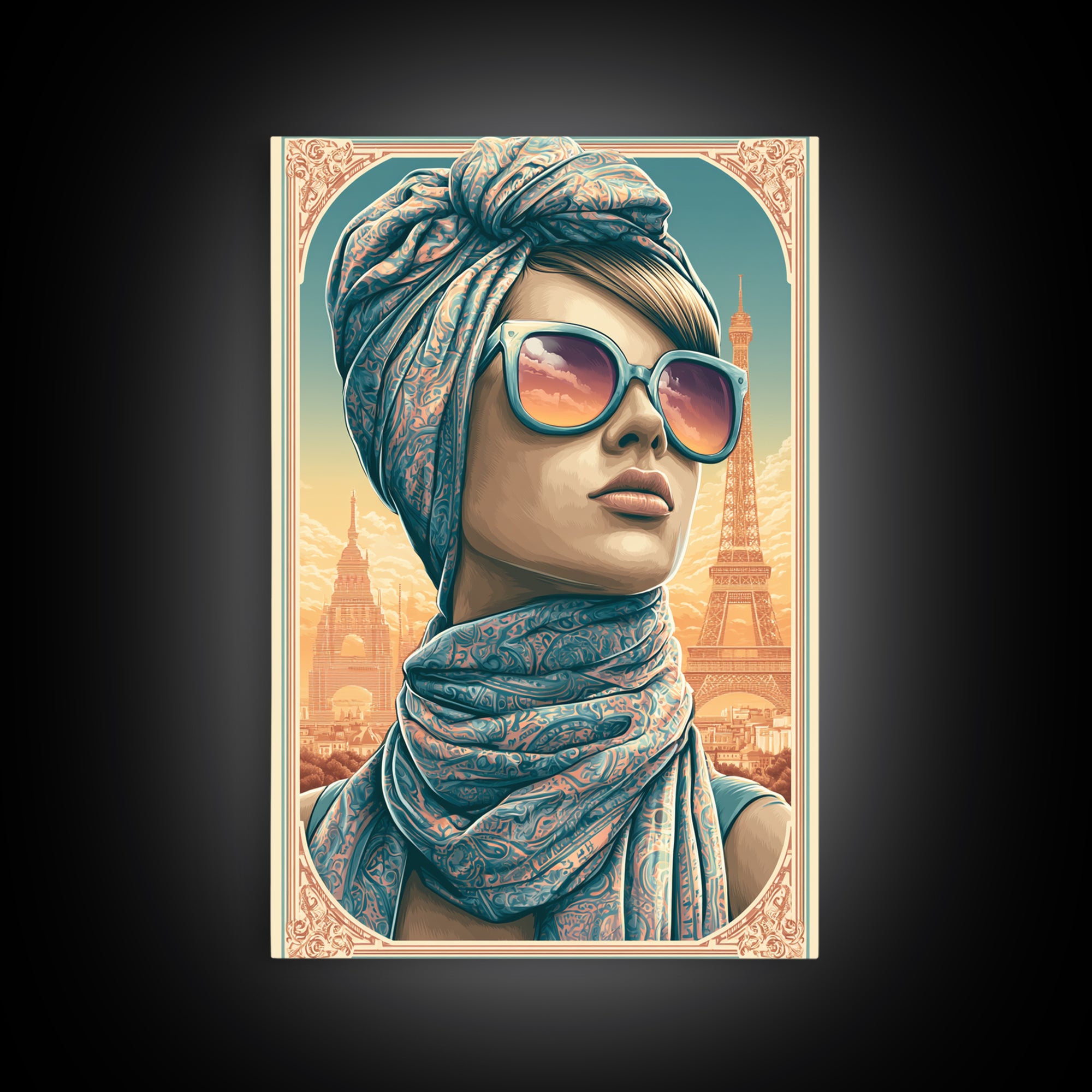 Mod Woman in Sunglasses and Scarf Framed Canvas Print, Retro Art, Printable Wall Art, Living Room Decor, Fine Art, Retro, RET-2x3-88