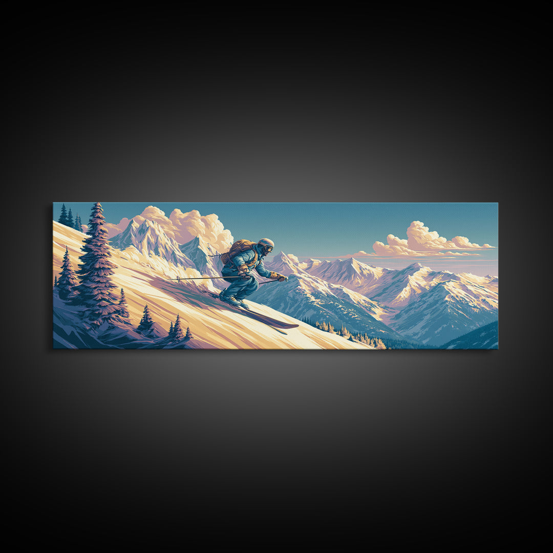 Retro Ski Poster Mountain Scene Canvas Print, Retro Art, Abstract Wall Art, Living Room Decor, Watercolor Art, Retro, RET-3x1-16