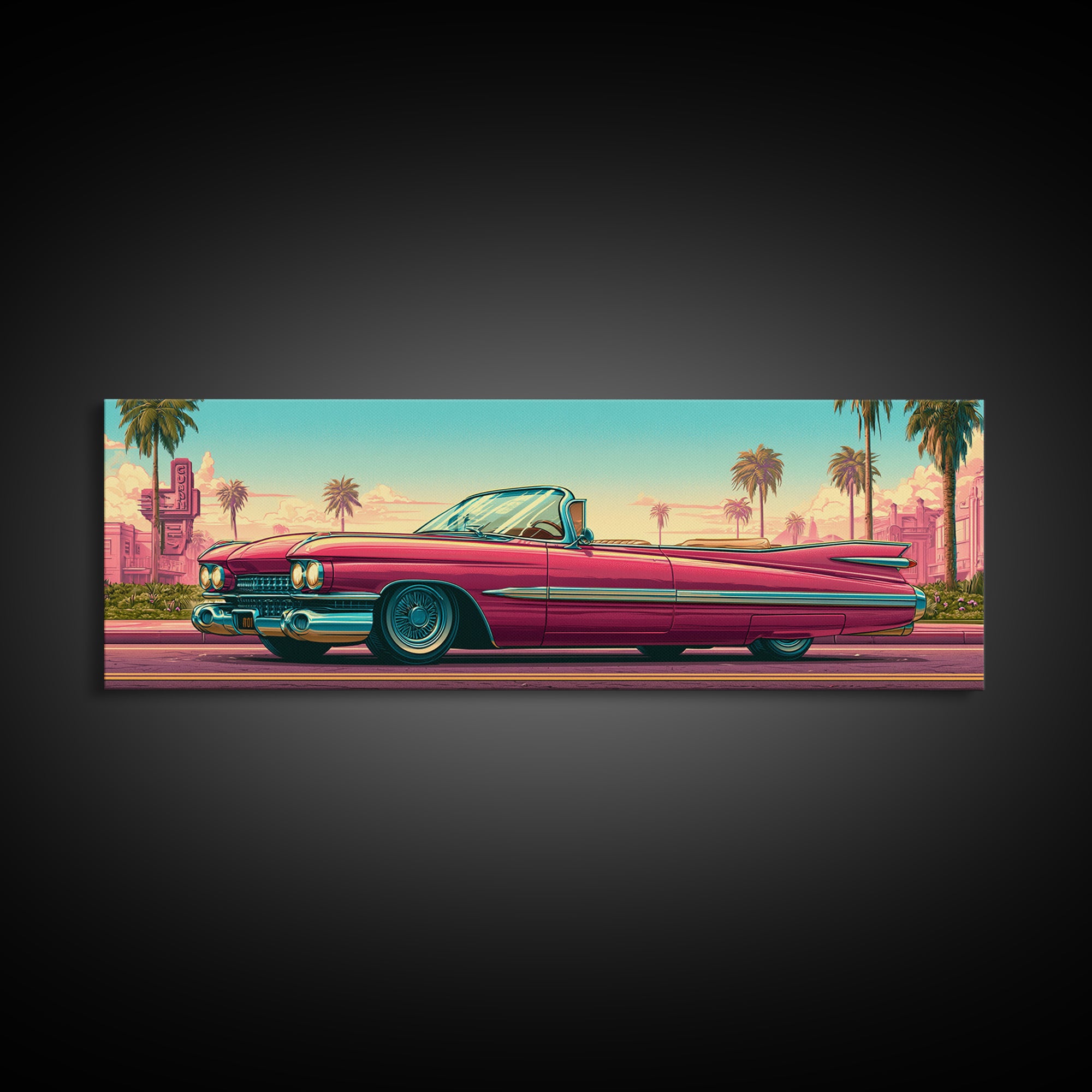 Classic Convertible at Pink Sunset Framed Canvas Print, Retro Art, Digital Prints, Living Room Decor, Fine Art, Retro, RET-3x1-2