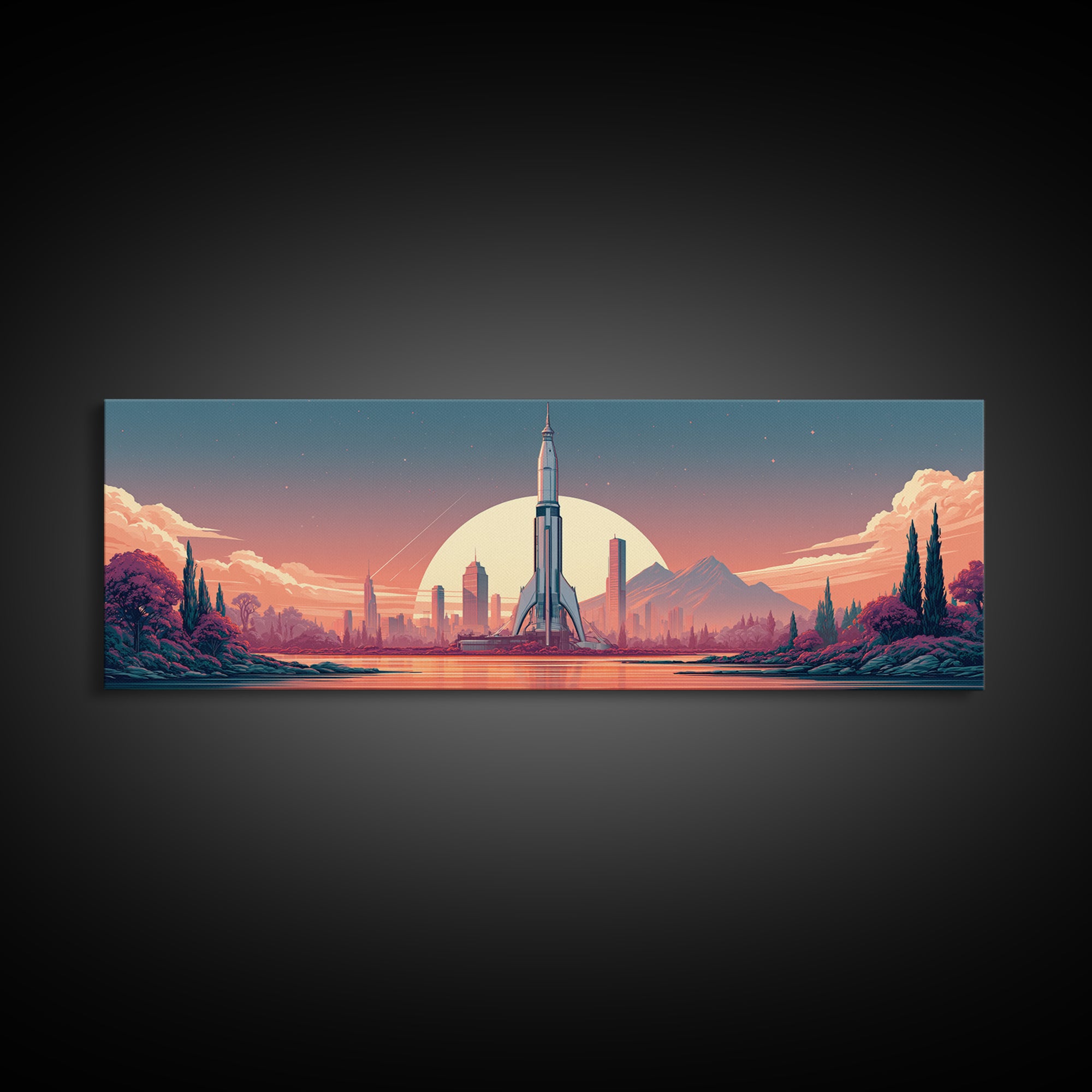 Space Age Rocket Poster Scene Framed Canvas Print, Retro Art, Wall Decor, Living Room Decor, Fine Art, Retro, Apartment Decor, RET-3x1-47