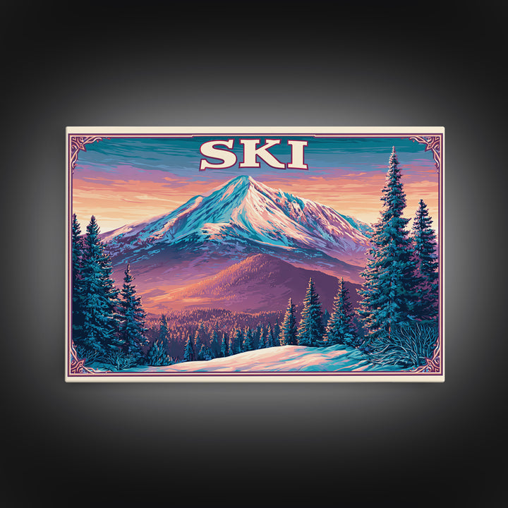 Retro Ski Poster Mountain Scene Framed Canvas Print, Retro Art, Fine Art Print, Living Room Decor, Fine Art, Retro, Wall Decor, RET-3x2-100