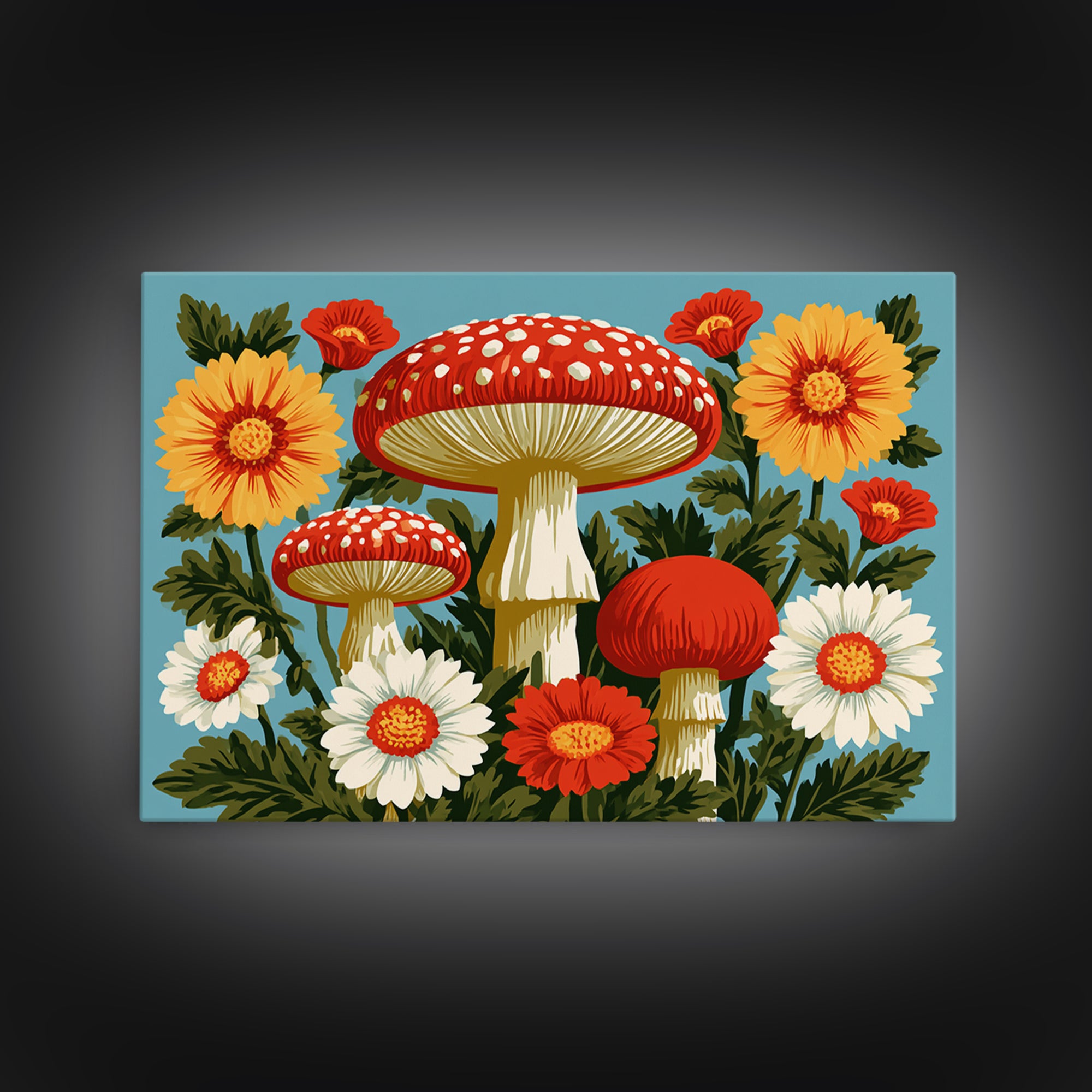 Funky Mushroom and Flower Pattern Framed Canvas Print, Retro Art, Abstract Wall Art, Living Room Decor, Fine Art, Retro, RET-3x2-27