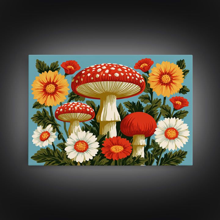 Funky Mushroom and Flower Pattern Framed Canvas Print, Retro Art, Abstract Wall Art, Living Room Decor, Fine Art, Retro, RET-3x2-27