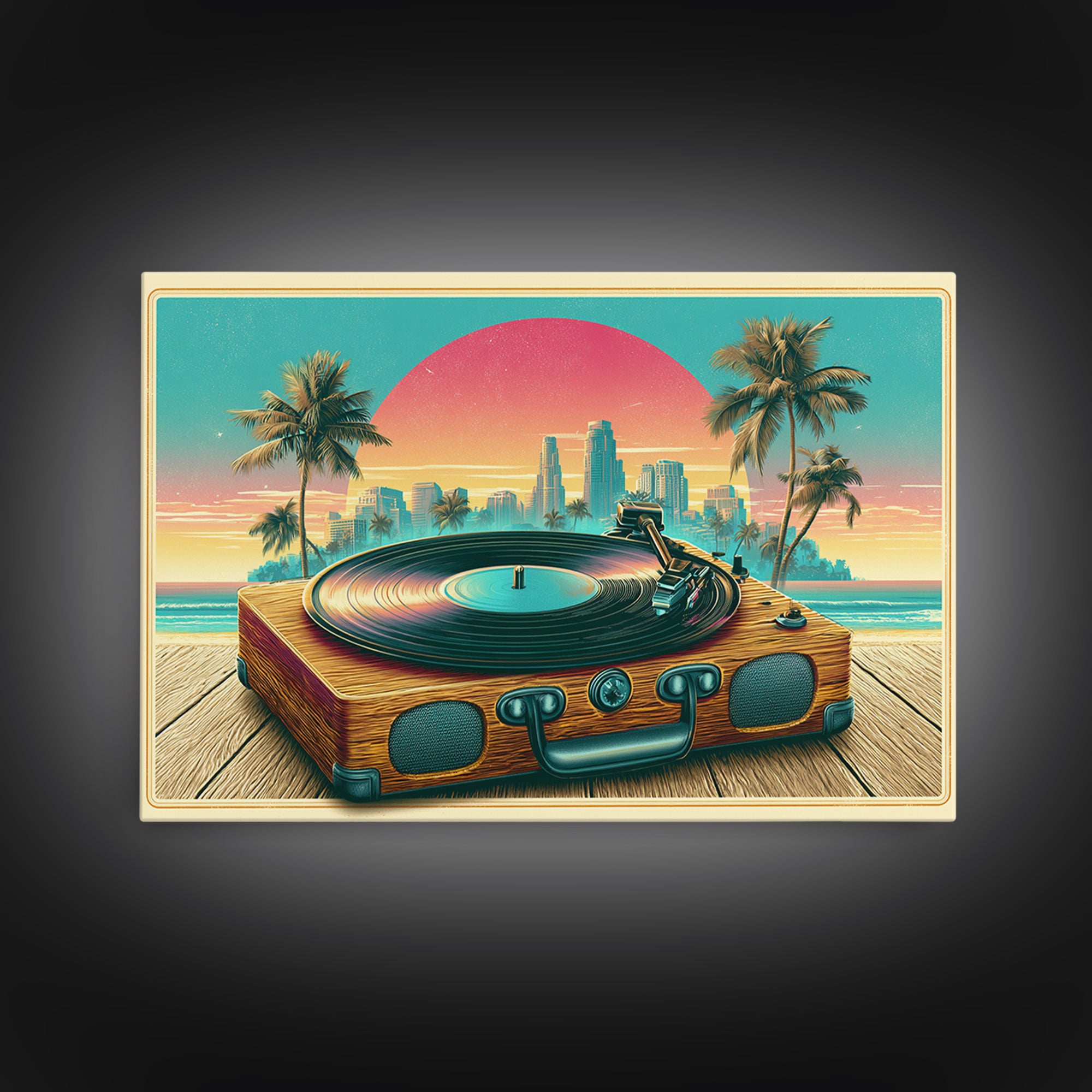 Vinyl Record Player Framed Canvas Print, Retro Art, Abstract Wall Art, Living Room Decor, Oil Painting, Retro, Neutral Decor, RET-3x2-40