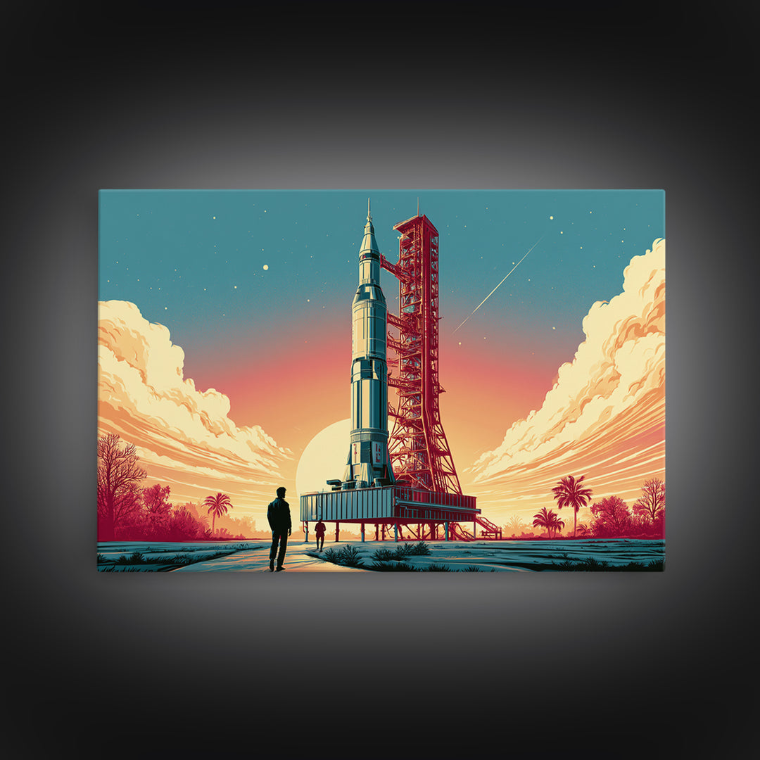Space Age Rocket Poster Scene Framed Canvas Print, Retro Art, Art Print, Living Room Decor, Fine Art, Retro, Printable Wall Art, RET-3x2-59