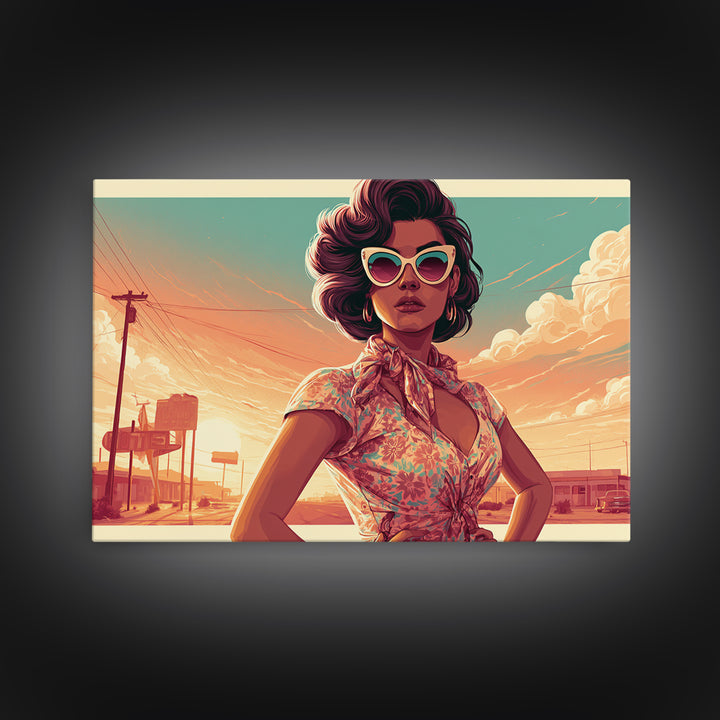 Mod Woman in Sunglasses and Scarf Framed Canvas Print, Retro Art, Floral Wall Art, Living Room Decor, Fine Art, Retro, RET-3x2-60