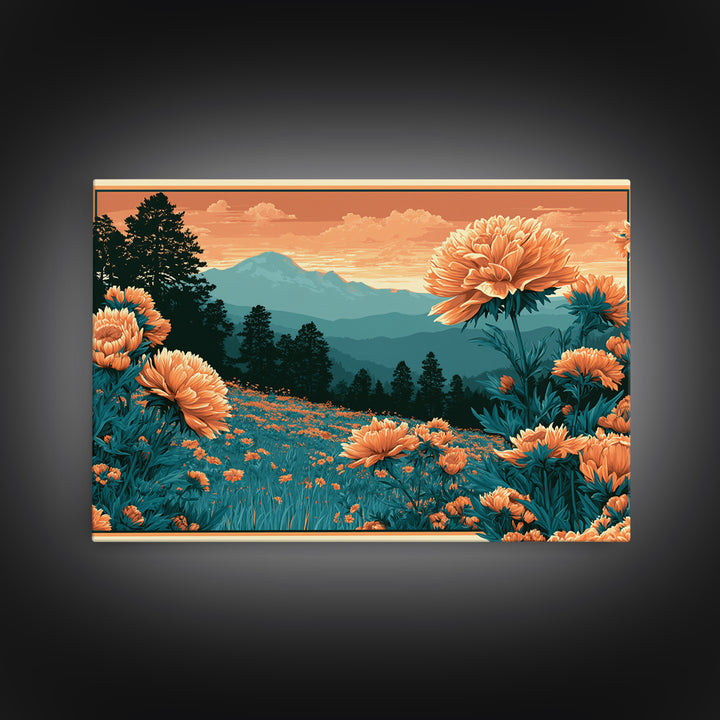 Retro Floral Pattern Framed Canvas Print, Retro Art, Movie Poster, Living Room Decor, Oil Painting, Retro, Wall Art Print, RET-3x2-63