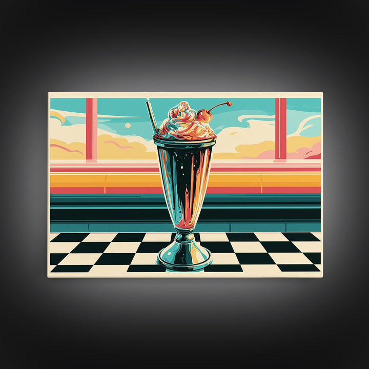 1950s Diner Milkshake Framed Canvas Print, Retro Art, Gallery Decor, Living Room Decor, Fine Art, Retro, Contemporary Art, RET-3x2-77