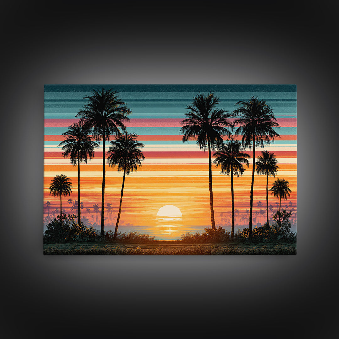 70s Sunset Stripes Framed Canvas Print, Retro Art, Bedroom Wall Art, Living Room Decor, Watercolor Art, Retro, Art Print, RET-3x2-79