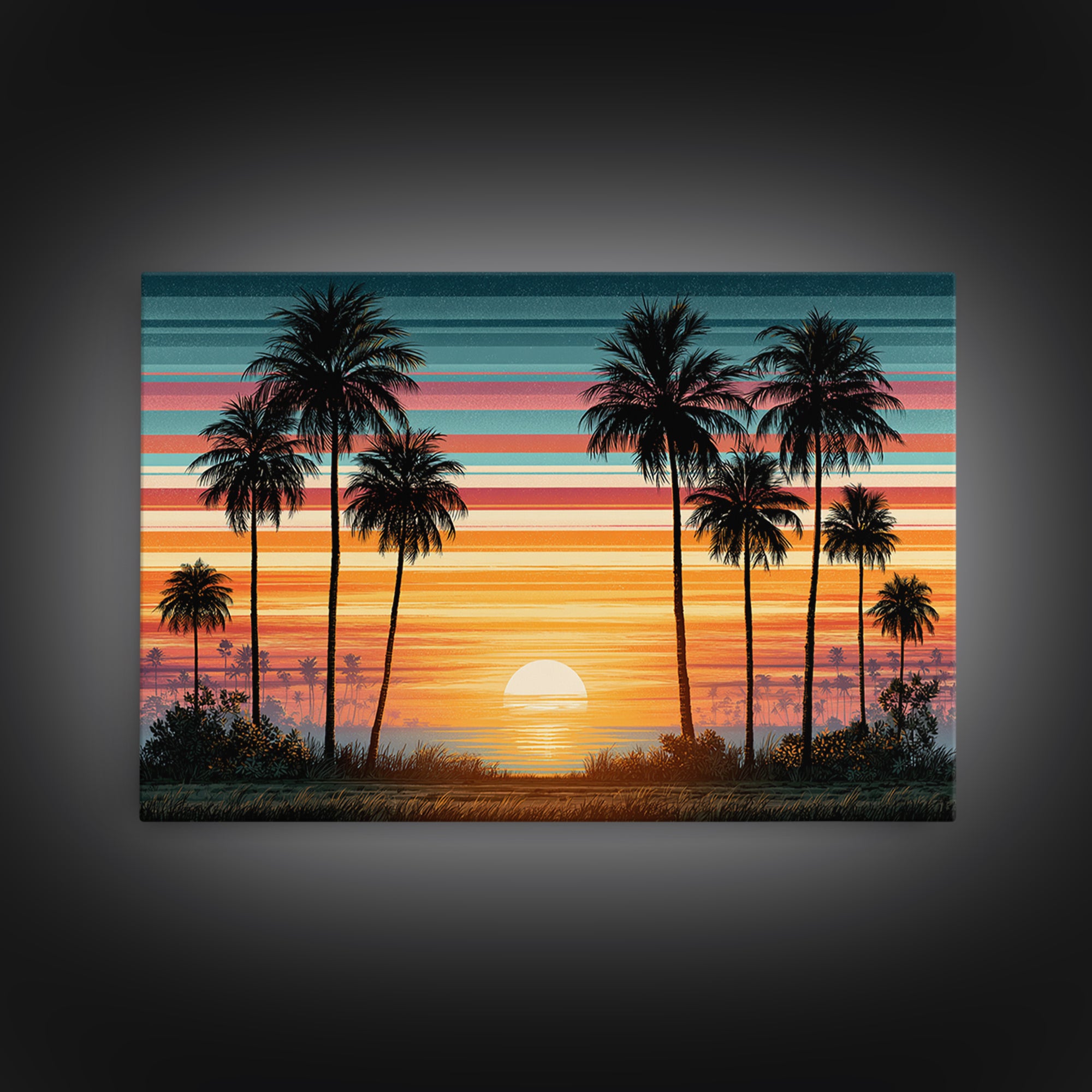 70s Sunset Stripes Framed Canvas Print, Retro Art, Bedroom Wall Art, Living Room Decor, Watercolor Art, Retro, Art Print, RET-3x2-79
