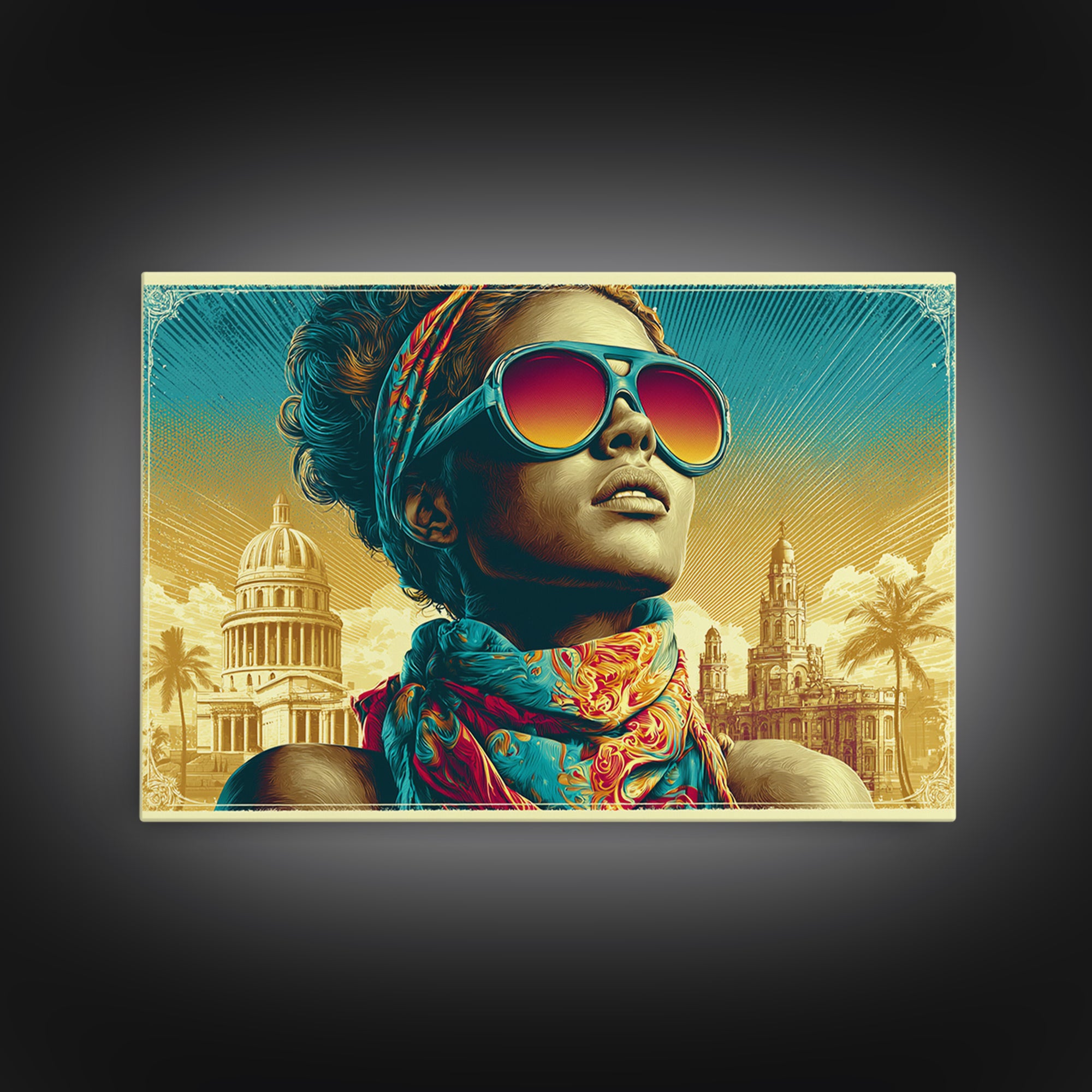 Mod Woman in Sunglasses and Scarf Canvas Print, Retro Art, Boho Decor, Living Room Decor, Retro, Posters, Digital Prints, RET-3x2-84