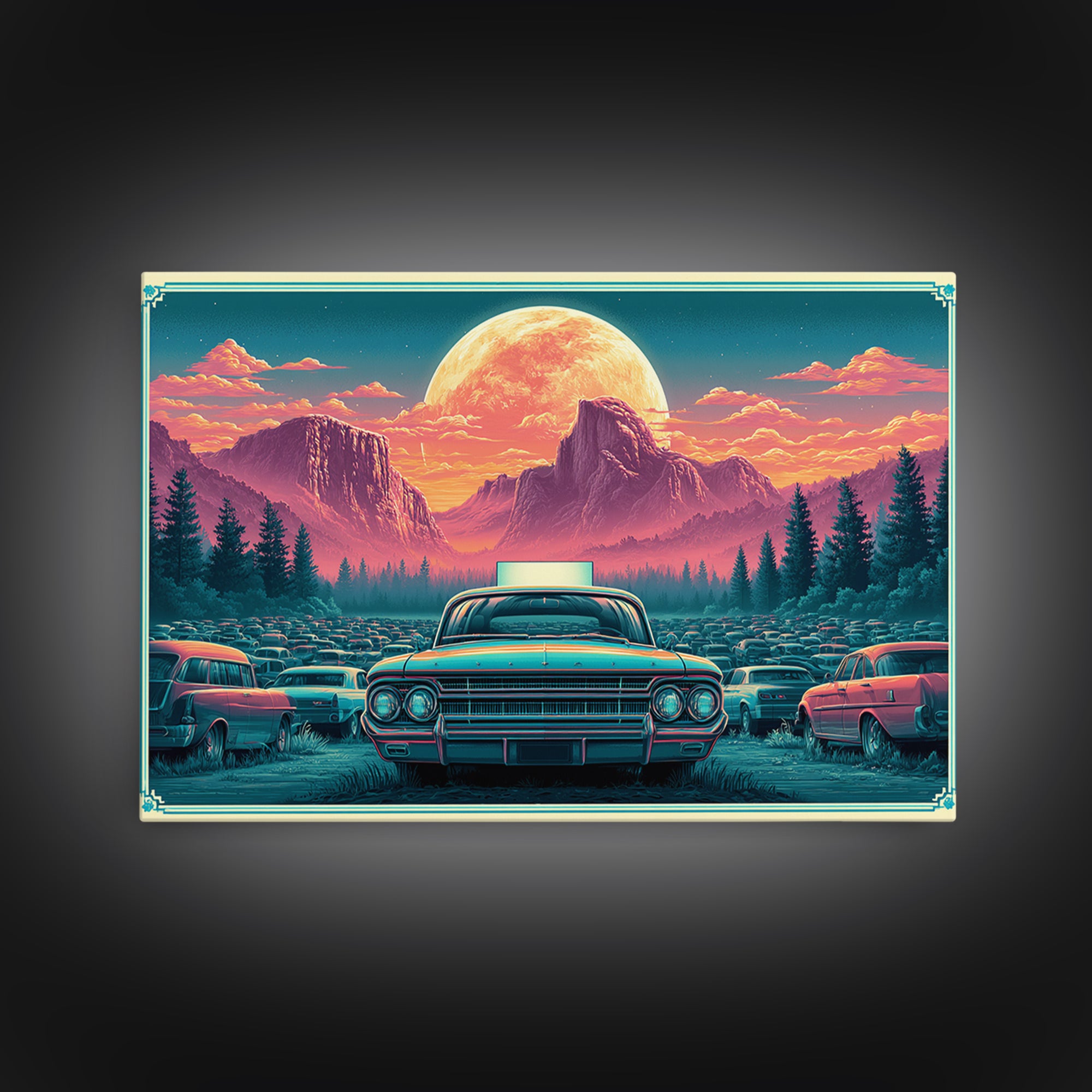 Drive in Movie Scene with Moonlit Cars Framed Canvas Print, Retro Art, Luxury Decor, Living Room Decor, Fine Art, Retro, RET-3x2-92