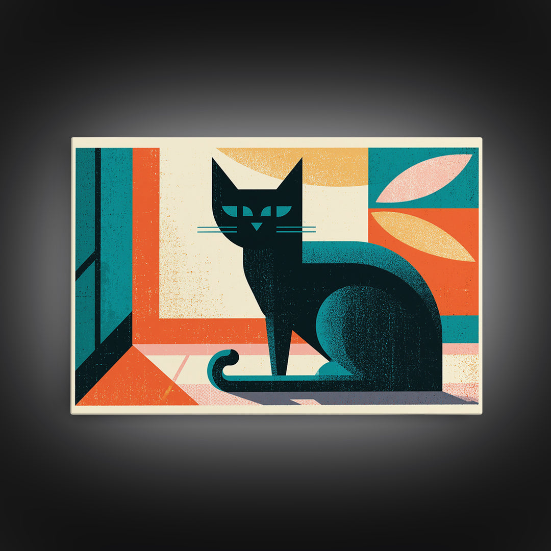 Mid Century Cat Framed Canvas Print, Retro Art, Floral Wall Art, Living Room Decor, Abstract Art, Retro, Minimalist Decor, RET-3x2-97