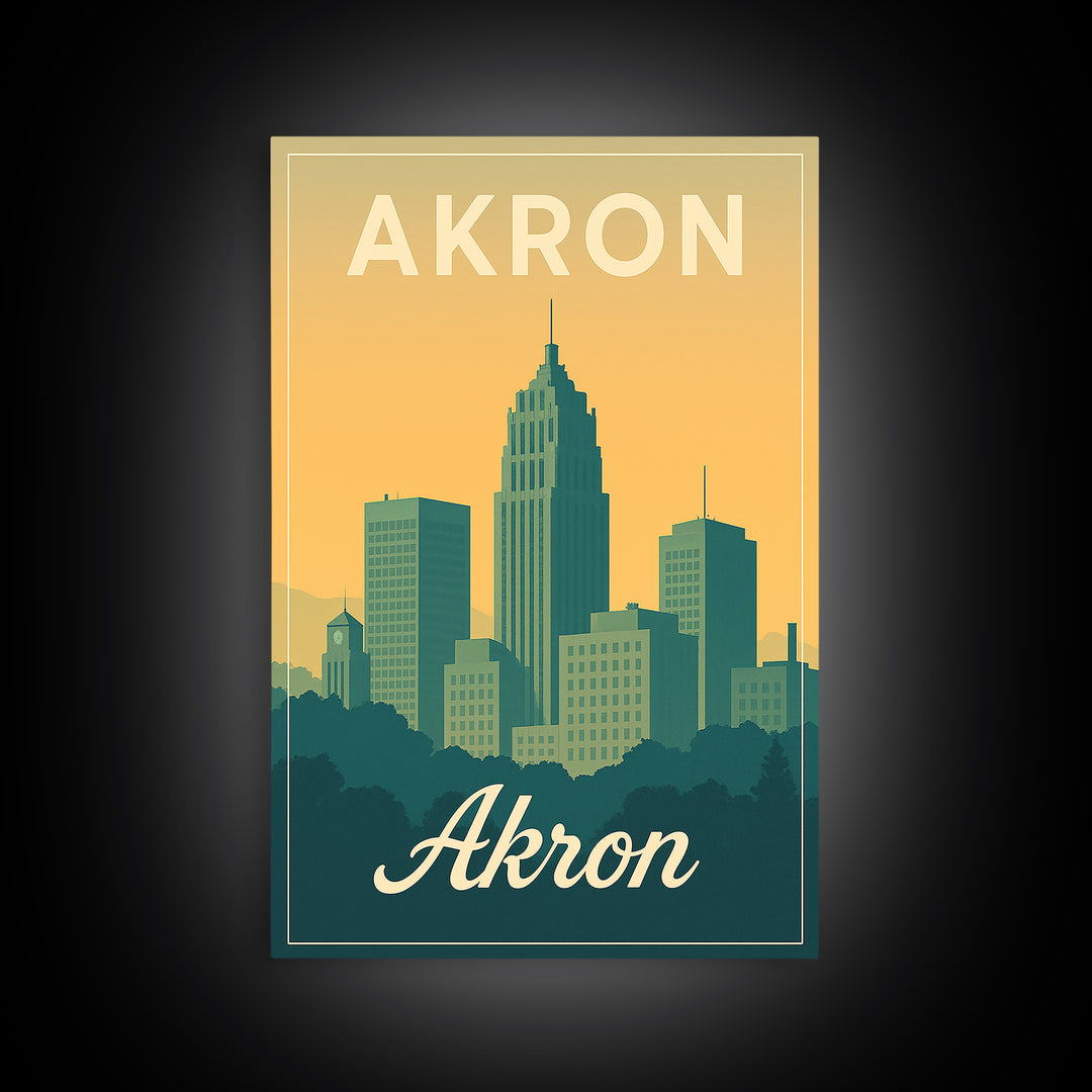 Akron Ohio Travel Poster, Canvas Print, Retro Sunset Skyline Art, Akron Travel Art, Fine Art Print, Mid Century Wall Art, Travel Decor