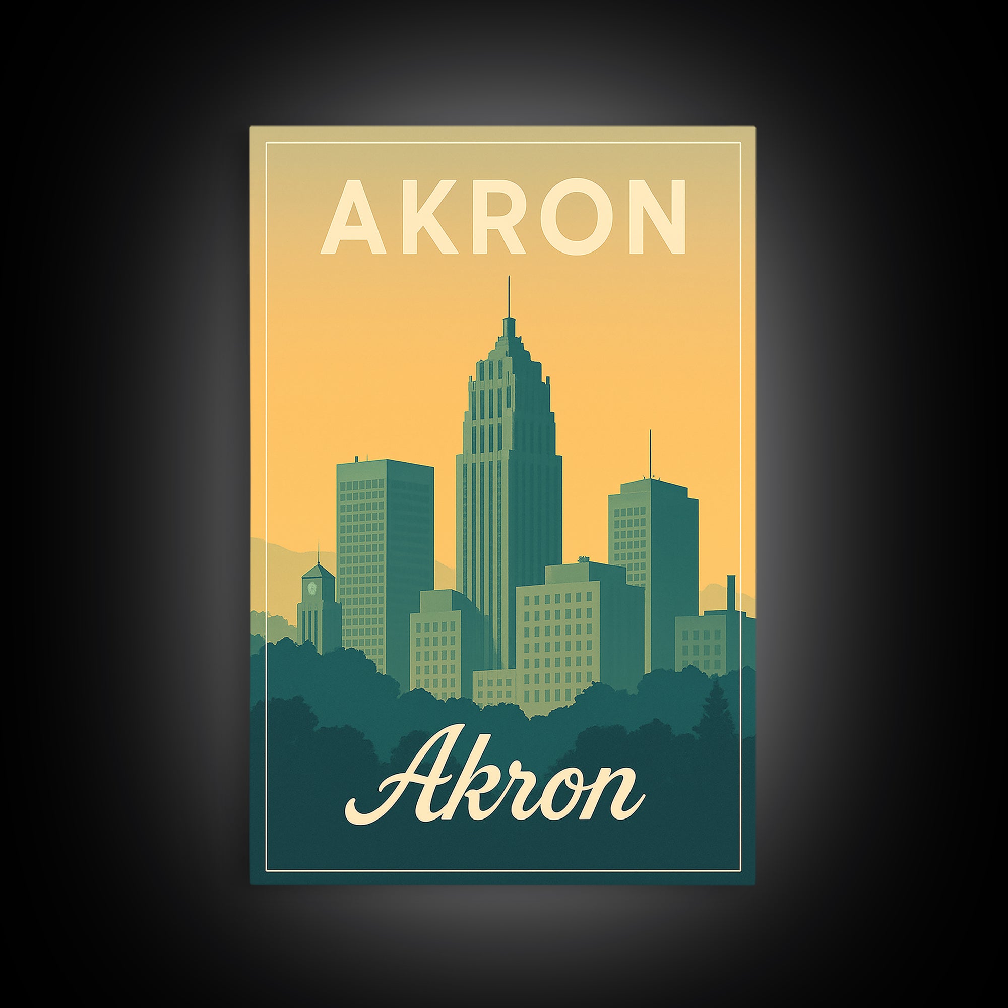 Akron Ohio Travel Poster, Canvas Print, Retro Sunset Skyline Art, Akron Travel Art, Fine Art Print, Mid Century Wall Art, Travel Decor