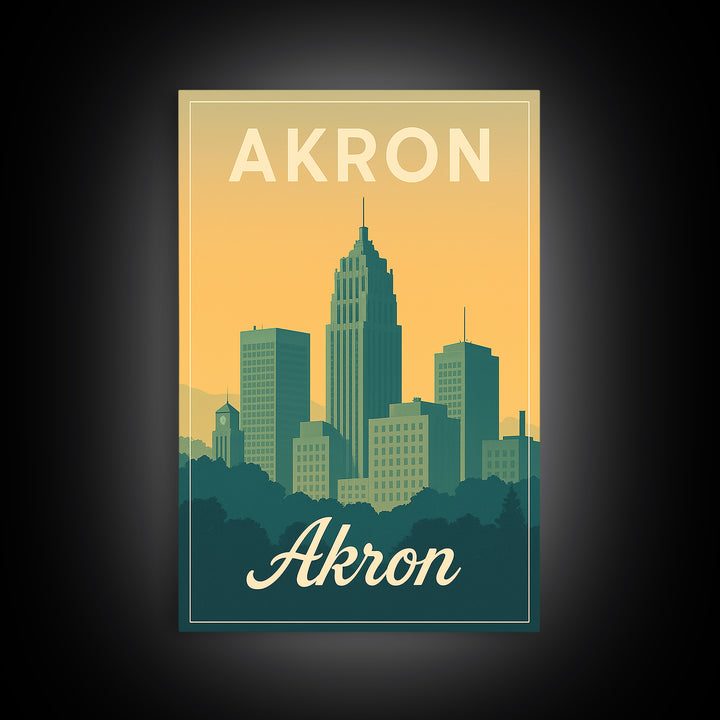 Akron Ohio Travel Poster, Canvas Print, Retro Sunset Skyline Art, Akron Travel Art, Fine Art Print, Mid Century Wall Art, Travel Decor