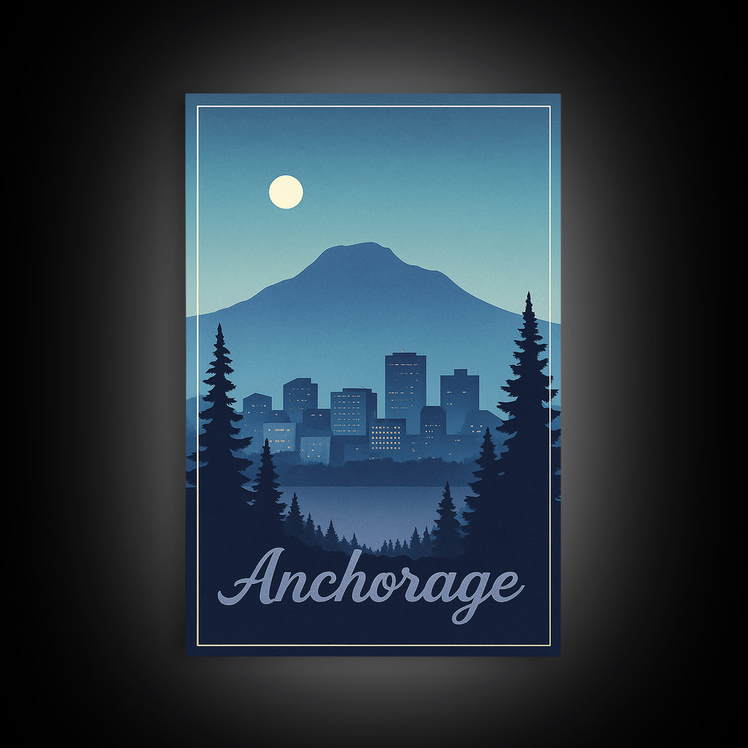 Anchorage Travel Poster, Framed Canvas Print, Retro Sunset Skyline Art, Anchorage City Art, Travel Poster Art, Travel Wall Decor