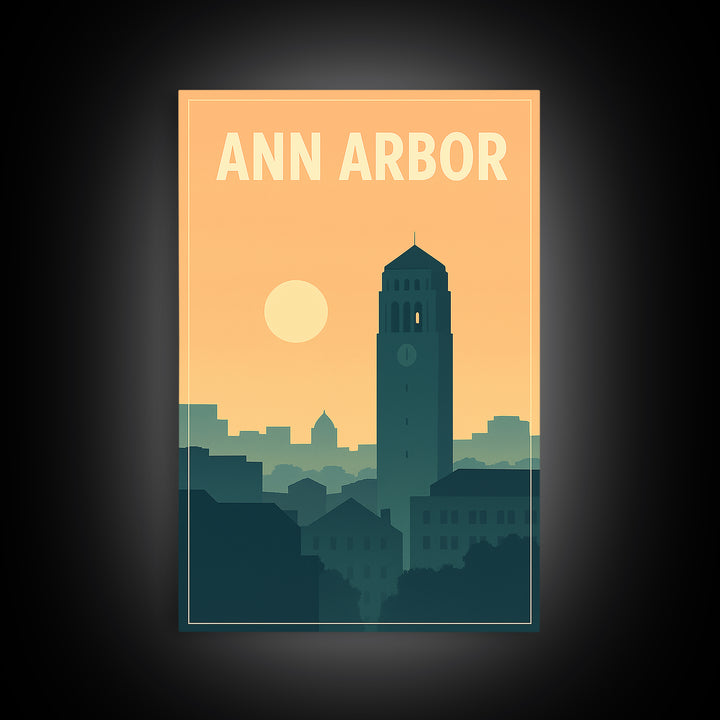 Ann Arbor Travel Poster, Framed Canvas Print, Retro Sunset Skyline Art, Ann Arbor Art Print, Travel Wall Art, City Art Print, Home Decor