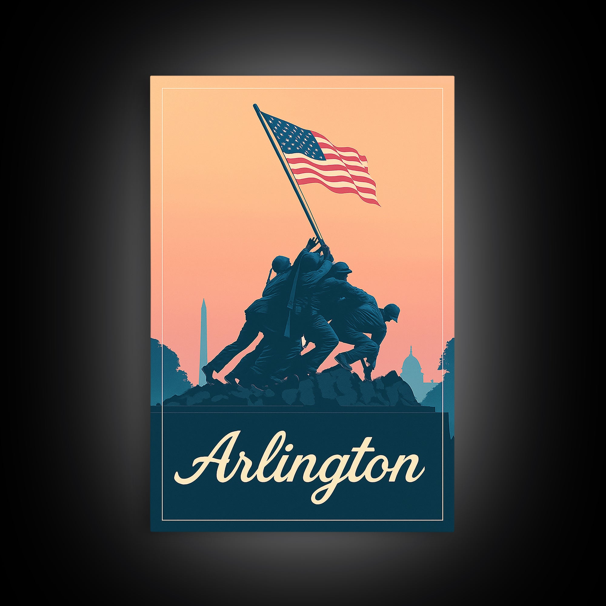Arlington Texas Travel Poster, Framed Canvas Print, Mid Century City Wall Art, Arlington Wall Art, Eclectic Wall Decor, City Illustration