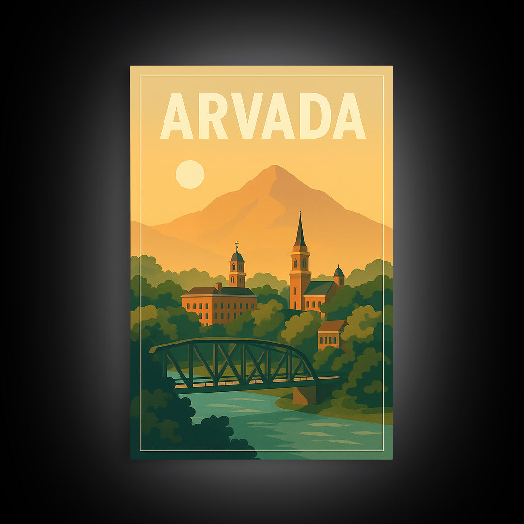Arvada Travel Poster, Canvas Print, Mid Century City Wall Art, Arvada Poster Print, City Art Print, Wall Decor, Watercolor City Skyline
