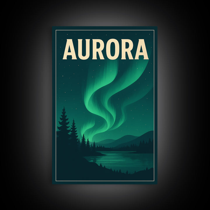 Aurora Travel Poster, Framed Canvas Print, Retro Sunset Skyline Art, Aurora Art Print, City Illustration, Vintage City Poster, Design 2