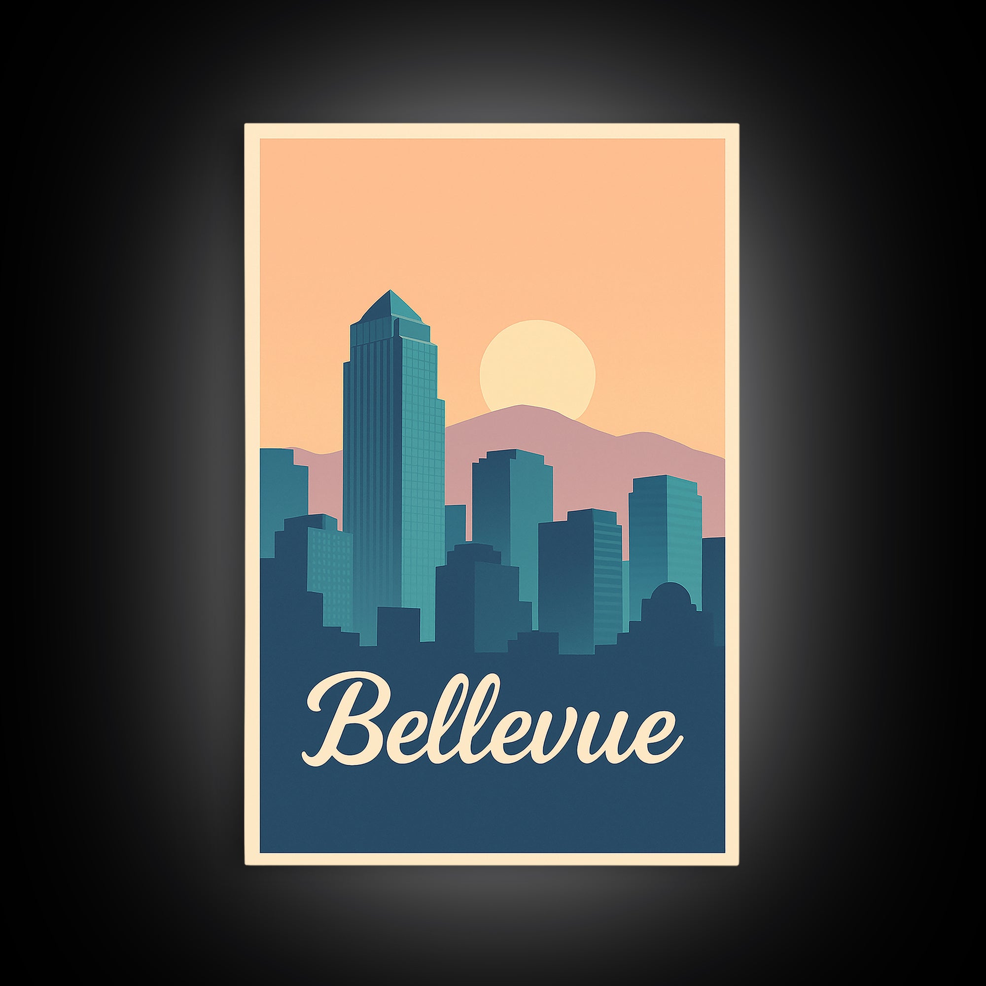 Bellevue Washington Travel Poster, Canvas Print, Retro Sunset Skyline Art, Bellevue Poster Print, Retro Travel Print, Art Print, Poster Art