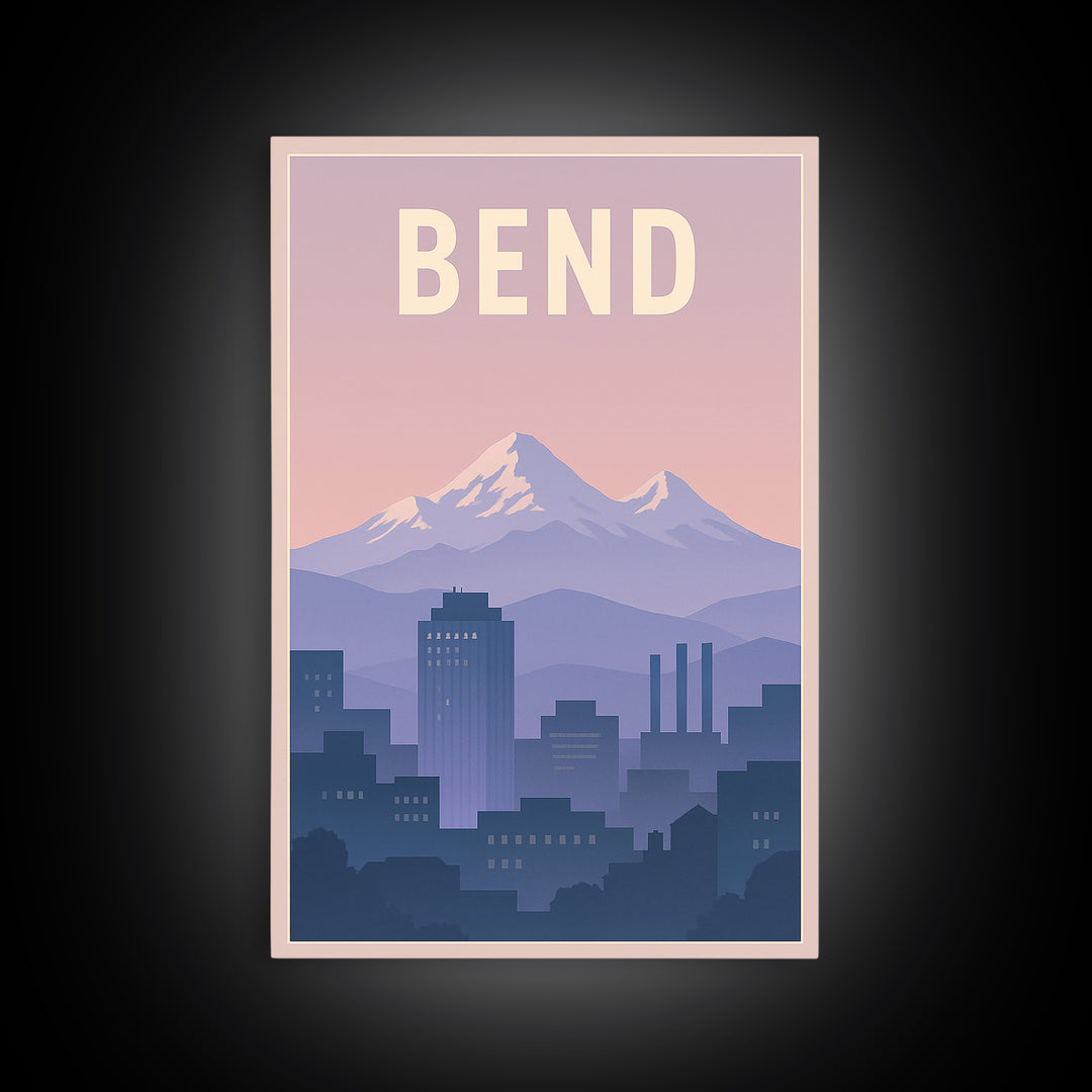 Bend Oregon Travel Poster, Framed Canvas Print, Mid Century City Wall Art, Bend Poster Print, Vintage Travel Art, Fine Art Print, Wall Art