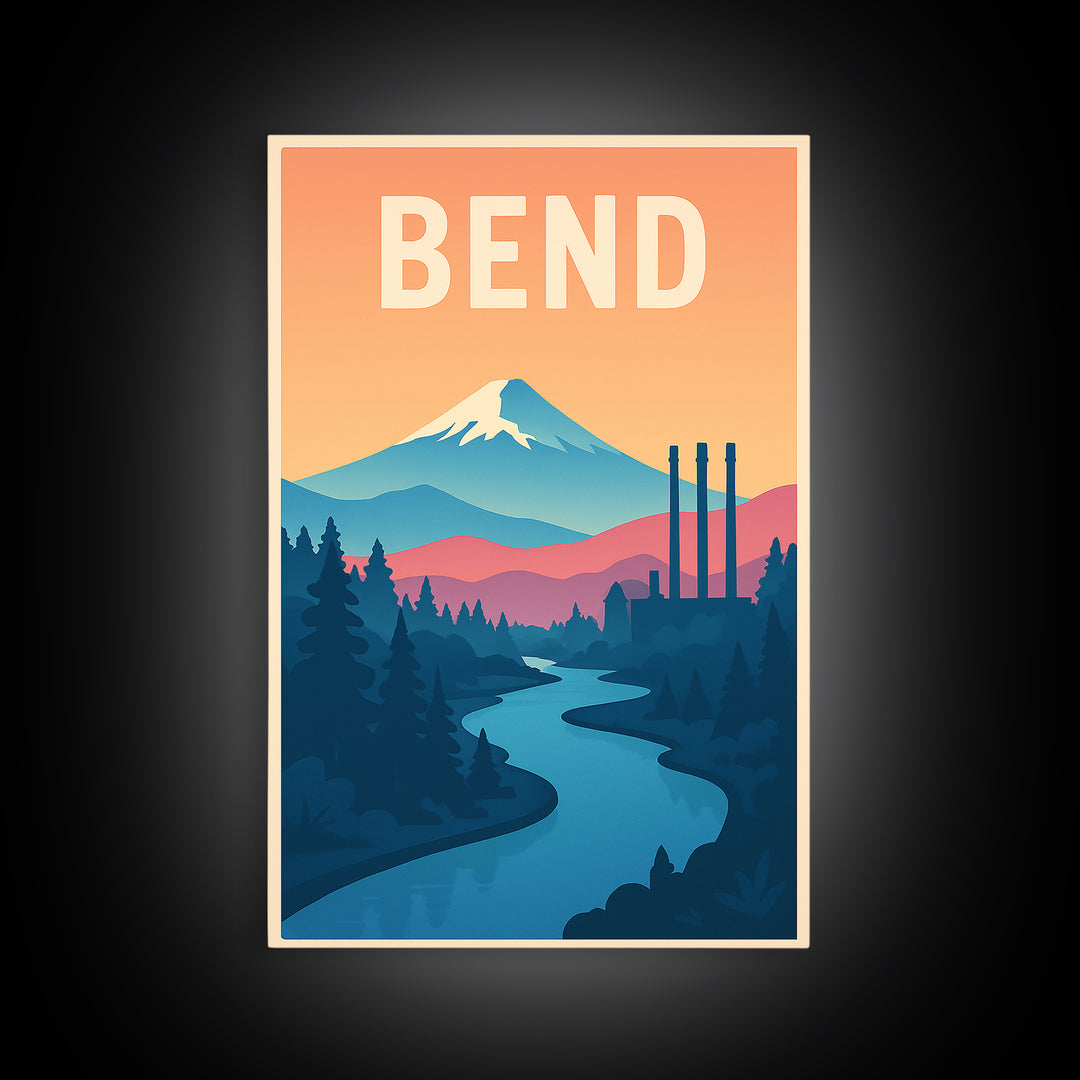 Bend Travel Poster, Canvas Print, Classic Travel Poster Art, Bend Travel Art, City Art Print, Fine Art Print, City Illustration