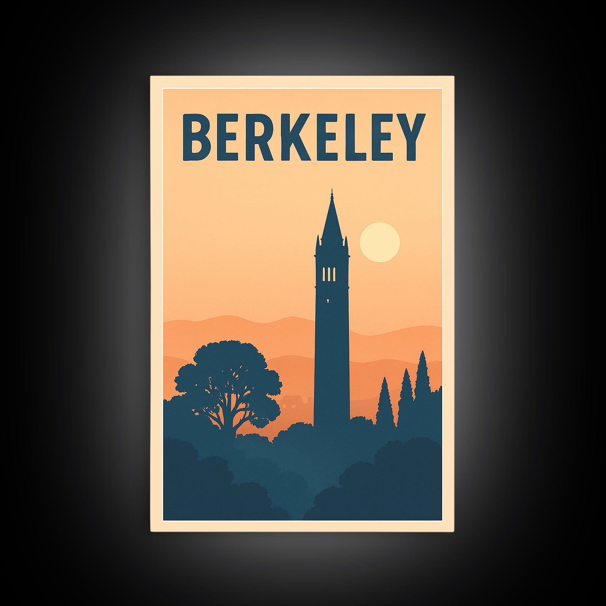Berkeley Travel Poster, Framed Canvas Print, Retro Sunset Skyline Art, Berkeley Poster Print, Travel Wall Decor, Watercolor Urban Skyline