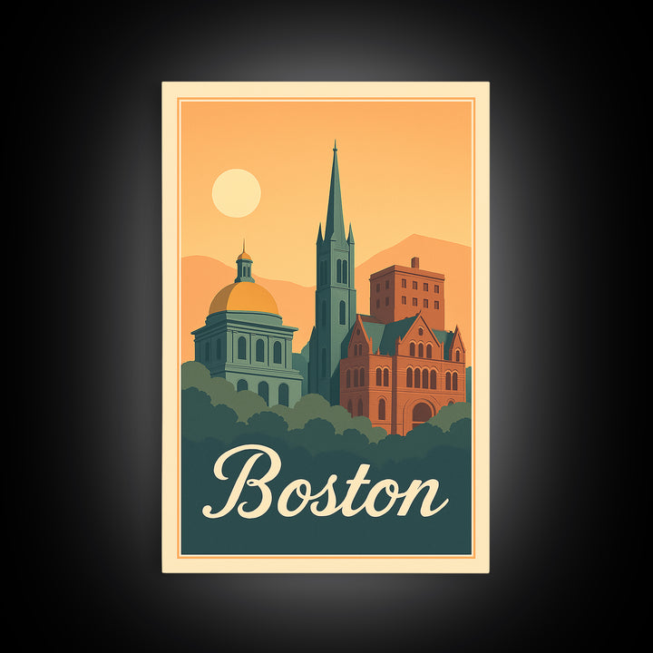 Boston Massachusetts Travel Poster, Framed Canvas Print, Retro Sunset Skyline Art, Boston Art Print, Mid Century Wall Art, City Illustration