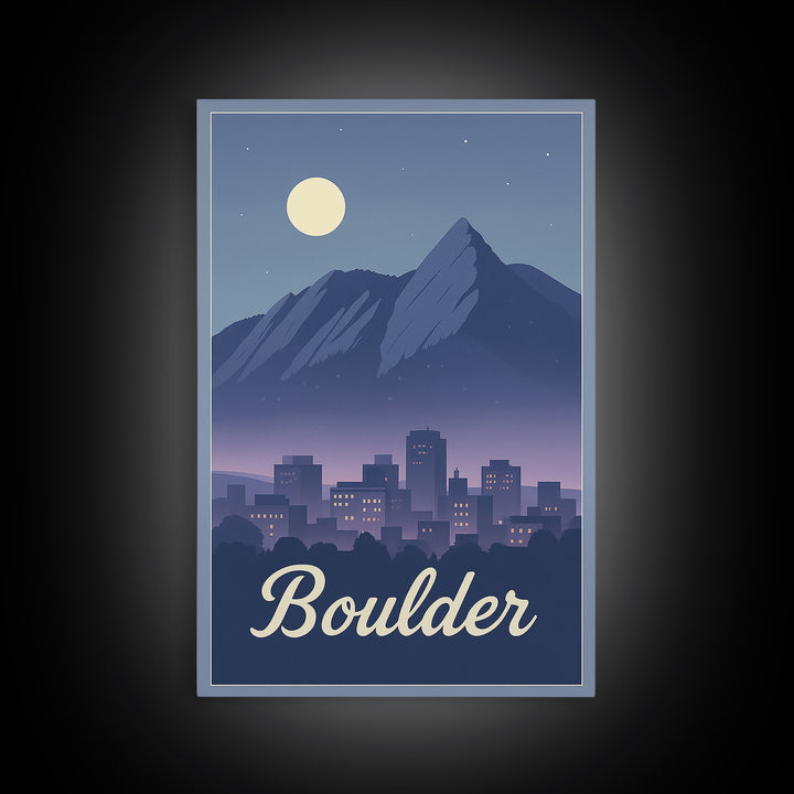 Boulder Travel Poster, Framed Canvas Print, Retro Sunset Skyline Art, Boulder Wall Art, Gift For Travelers, Modern Wall Decor, Wall Art