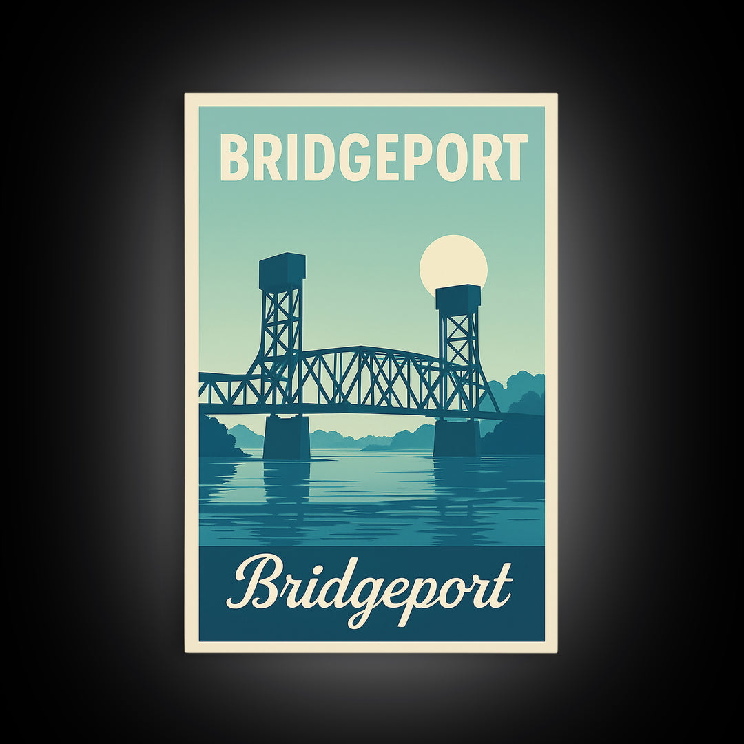 Bridgeport Connecticut Travel Poster, Canvas Print, Retro Sunset Skyline Art, Bridgeport Wall Art, City Travel Prints, Travel Poster Art