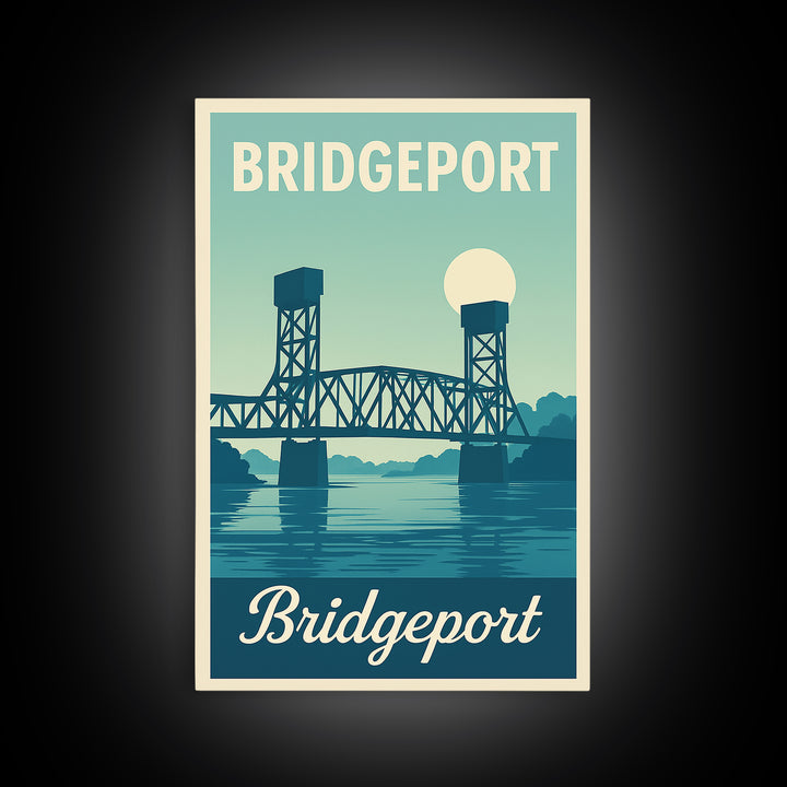 Bridgeport Connecticut Travel Poster, Canvas Print, Retro Sunset Skyline Art, Bridgeport Wall Art, City Travel Prints, Travel Poster Art