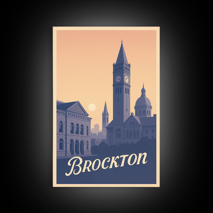 Brockton Travel Poster, Framed Canvas Print, Classic Travel Poster Art, Brockton Wall Art, Watercolor Urban Skyline, Fine Art Print