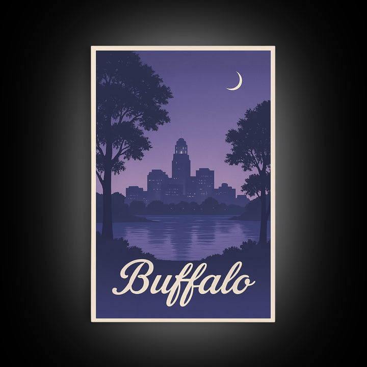 Buffalo Travel Poster, Framed Canvas Print, Retro Sunset Skyline Art, Buffalo Travel Art, City Illustration, Travel Art Print, Design 2