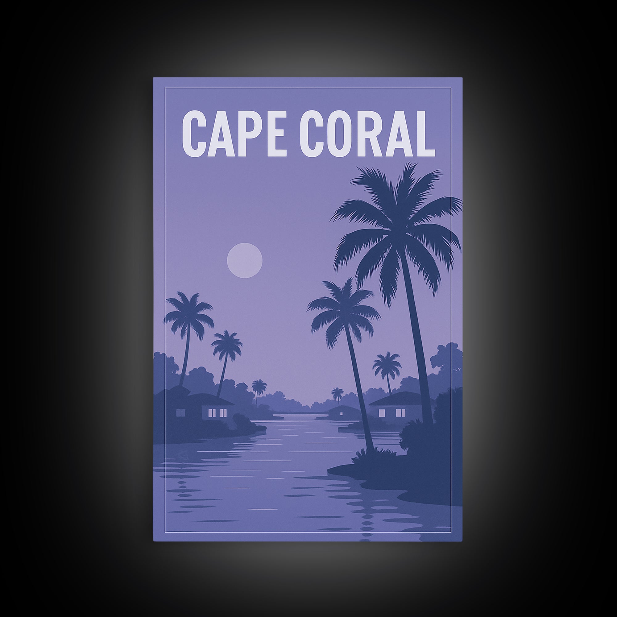 Cape Coral Florida Travel Poster, Framed Canvas Print, Retro Sunset Skyline Art, Cape Coral City Art, Fine Art Print, Mid Century Wall Art
