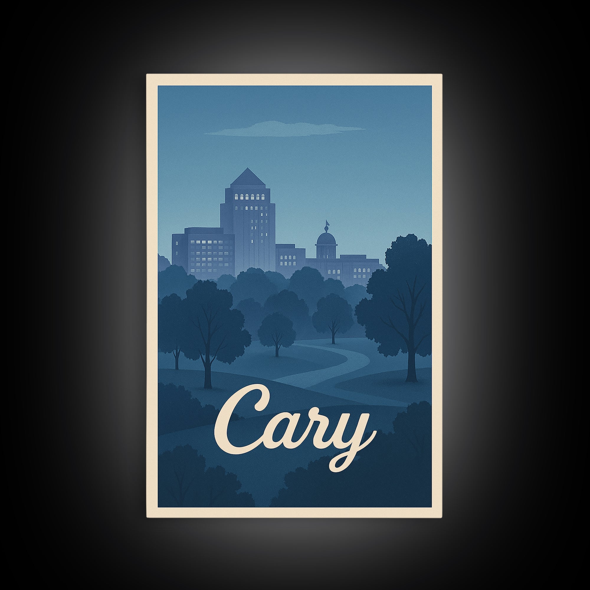 Cary Travel Poster, Framed Canvas Print, Mid Century City Wall Art, Cary Wall Art, Vintage Travel Print, Vintage City Art, City Poster
