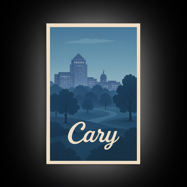 Cary Travel Poster, Framed Canvas Print, Mid Century City Wall Art, Cary Wall Art, Vintage Travel Print, Vintage City Art, City Poster