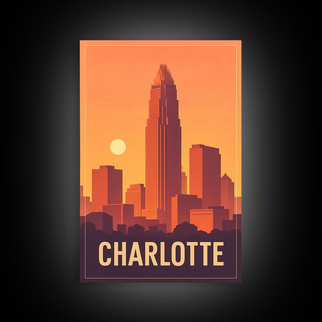 Charlotte Travel Poster, Framed Canvas Print, Classic Travel Poster Art, Charlotte Art Print, Home Office Decor, Mid Century Wall Art