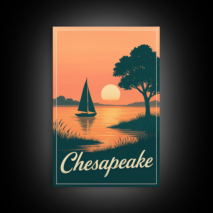 Chesapeake Virginia Travel Poster, Canvas Print, Retro Sunset Skyline Art, Chesapeake Poster Print, Vintage Travel Print, Travel Wall Art