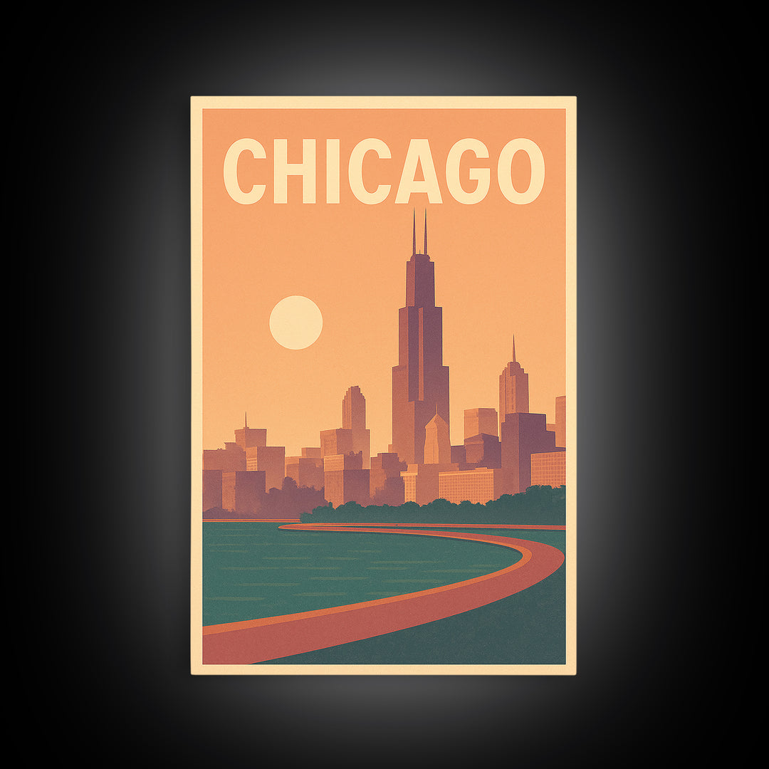 Chicago Illinois Travel Poster, Framed Canvas Print, Retro Sunset Skyline Art, Chicago Travel Art, Retro Travel Print, Home Office Decor