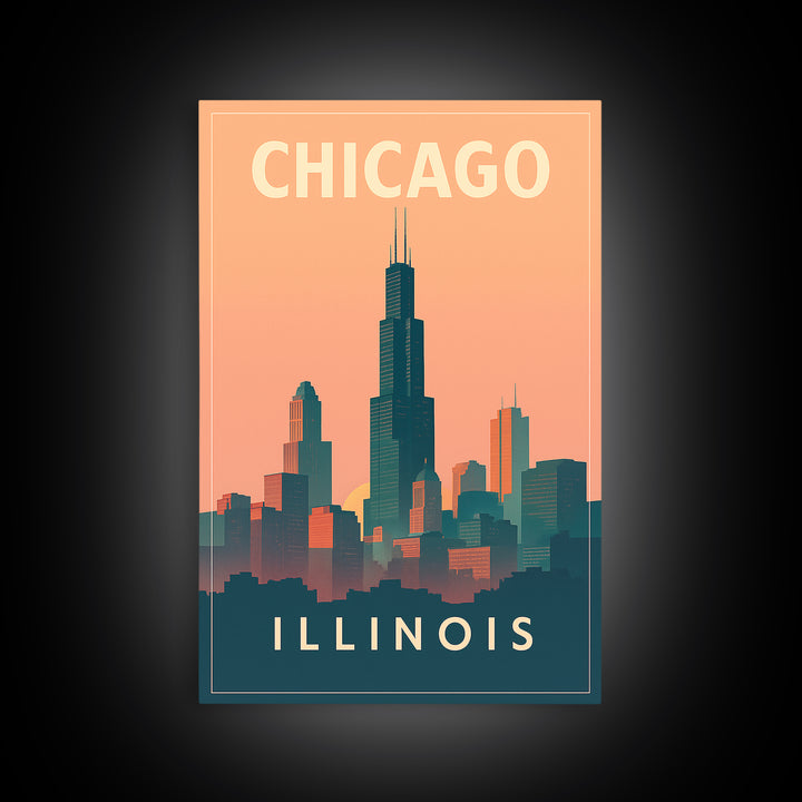 Chicago Travel Poster, Framed Canvas Print, Classic Travel Poster Art, Chicago Wall Art, Vintage City Poster, Mid Century Wall Art