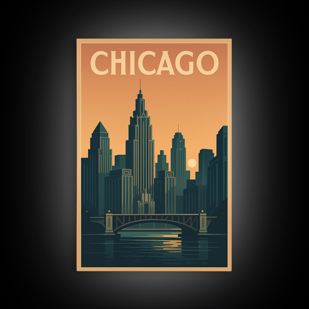 Chicago Travel Poster, Framed Canvas Print, Retro Sunset Skyline Art, Chicago Poster Print, Travel Poster Set, Vintage City Poster