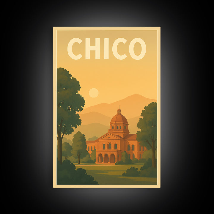Chico Travel Poster, Framed Canvas Print, Mid Century City Wall Art, Chico Poster Print, City Illustration, Travel Poster Set, Design 2